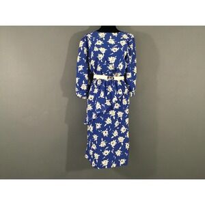 Vintage JR Too Dress Womens 8 Blue Floral Asymmetric Ruffle Midi Belted USA